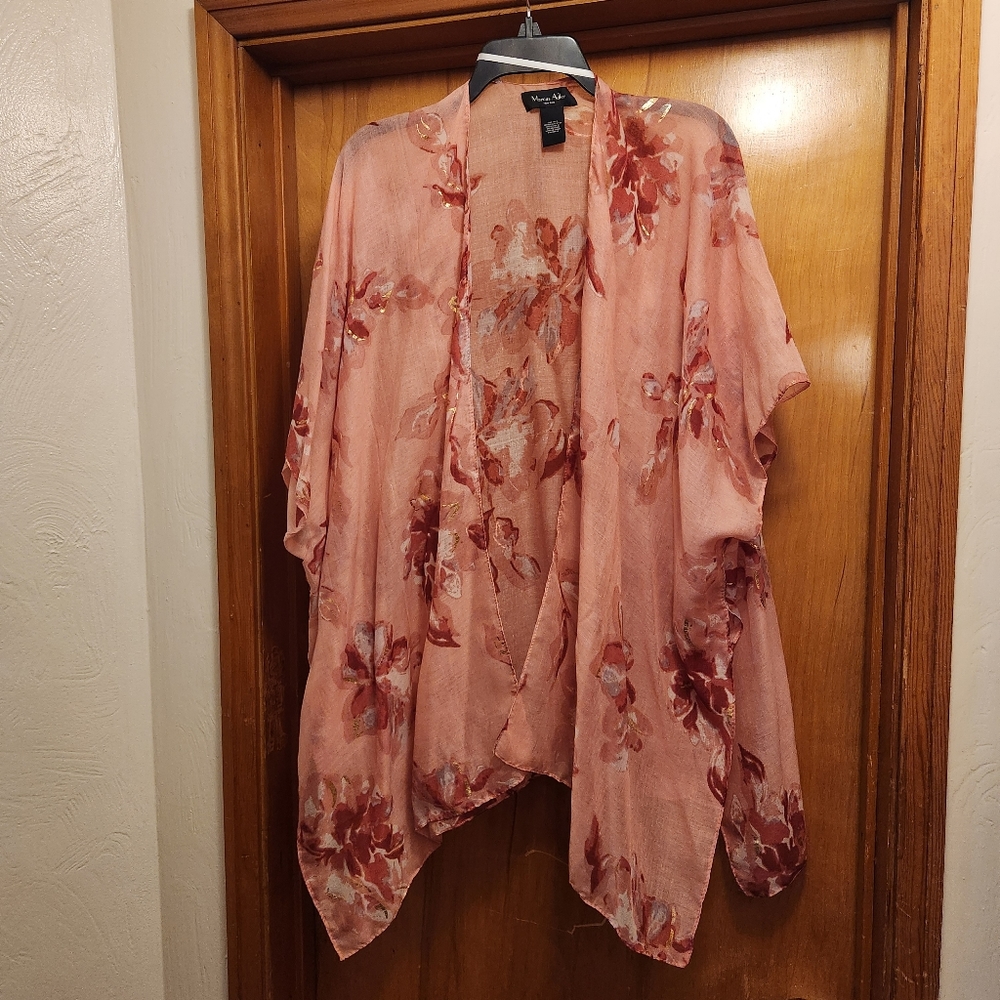 BOGO Pink Floral Beach Cover Up / Ruana with Metallic Gold Detail